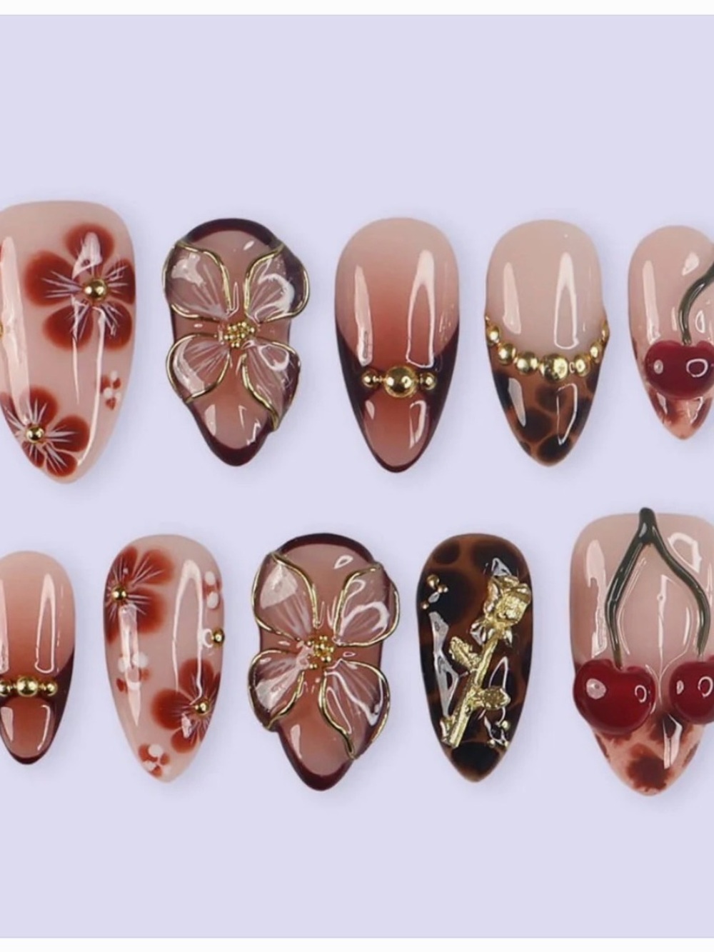 Nude Pink Floral & Cherry Accent Press-On Nails with Gold Details